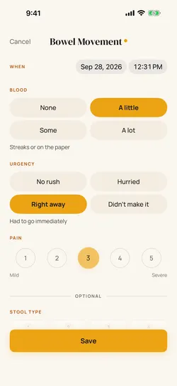 Logging a bowel movement: blood, urgency and pain