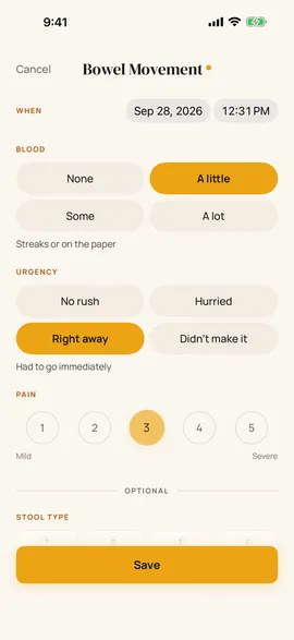 Bowel movement log with blood, urgency and pain picked
