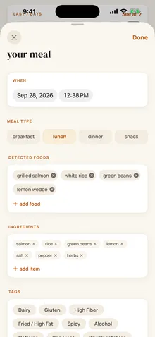 Meal check with the foods Flarely found