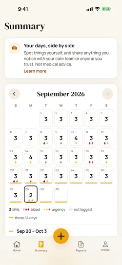 Summary calendar for September with BMs, blood and urgency marked by day