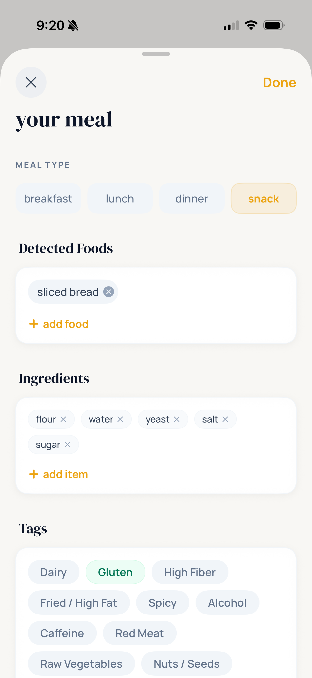 AI meal analysis identifying ingredients and flagging dietary triggers