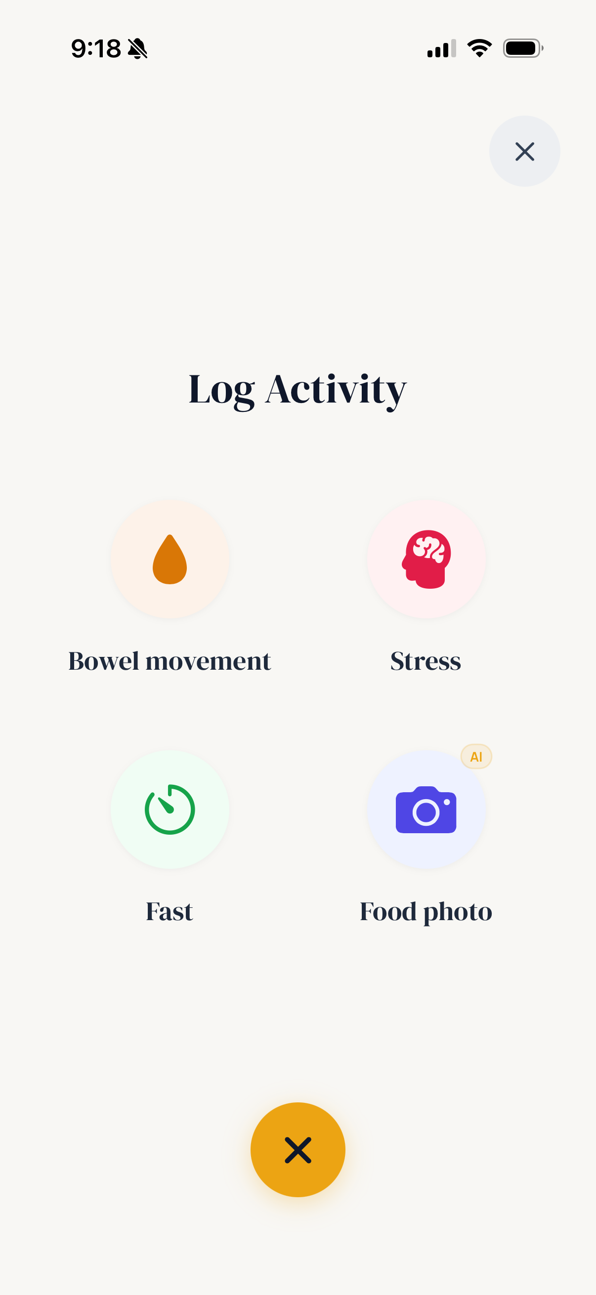 Quick logging screen showing bowel movement, meal, stress, and fasting entry options